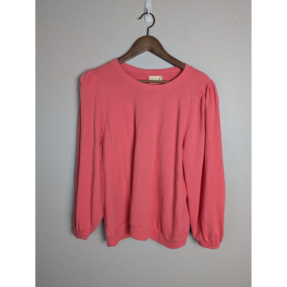 Nation LTD Sweatshirt Pullover Womens L Pink Pleated Puff Sleeve Crew Neck